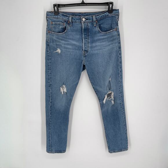 Levi's 501 S Skinny Distressed Button Fly Jeans Womens Sz 32 Highrise Blue - Picture 1 of 12